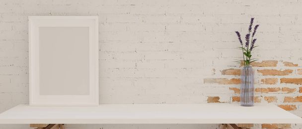 Marco simulado y florero en mesa blanca con fondo de pared de ladrillo, representación 3D, ilustración 3D - Foto, Imagen