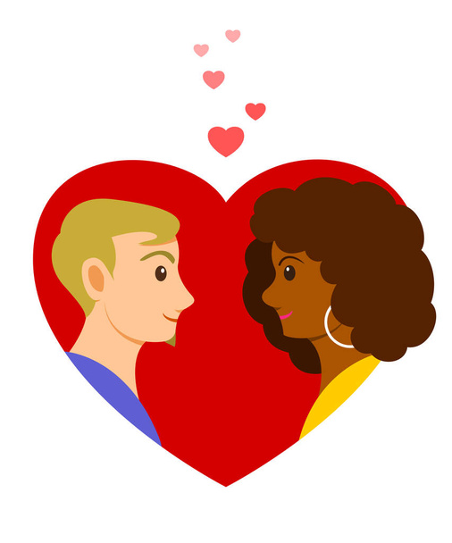 Miłośnik rasy białej mężczyzna i Afrykanka twarzą w twarz w wielkim sercu jest symbolem miłości. - Wektor, obraz