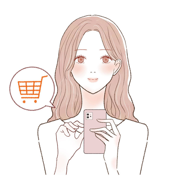 Es una mujer que está de compras en línea con un teléfono inteligente. - Vector, imagen