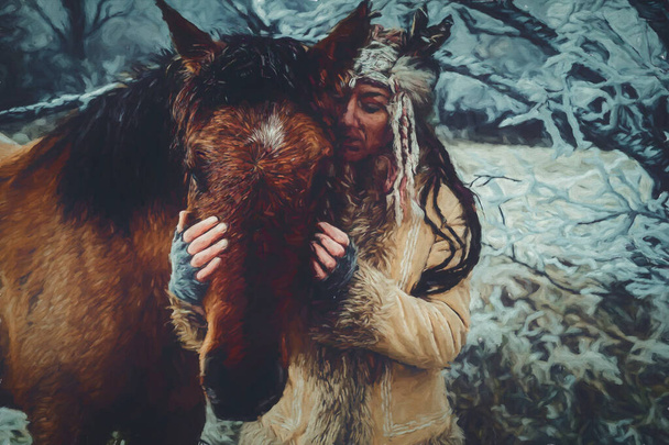 Γυναίκα σαμάνος στο χειμερινό τοπίο με το άλογό της. Εφέ ζωγραφικής. - Φωτογραφία, εικόνα