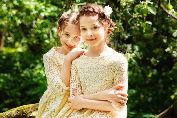 Kaksi söpöä sisarta matching mekot hauskaa luonnossa yhdessä kauniissa kesäpuutarhassa lämpimänä ja aurinkoisena päivänä ulkona. - Valokuva, kuva