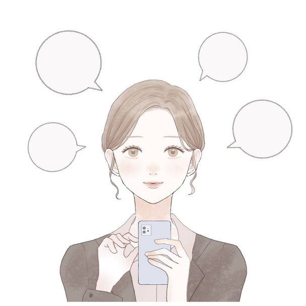 It is a woman in a suit who posts word of mouth with a smartphone. - Vector, Image