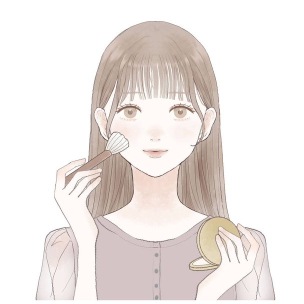 メイクブラシで顔にうどんこ病を適用する女性化粧ブラシで顔にうどんこ病を適用する女性. - ベクター画像