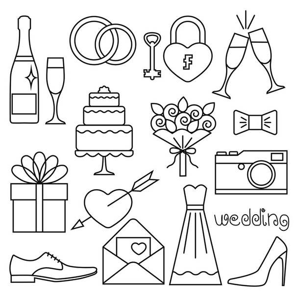 set of wedding linear icons, fourteen pieces, the inscription wedding. black outline drawing. stock illustration. - Vector, Imagen