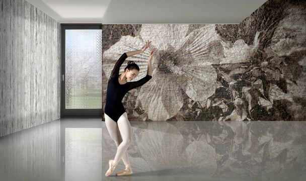 Einzelaufnahme eines Zimmers mit einer dekorierten Wand und einer Ballerina  - Foto, Bild