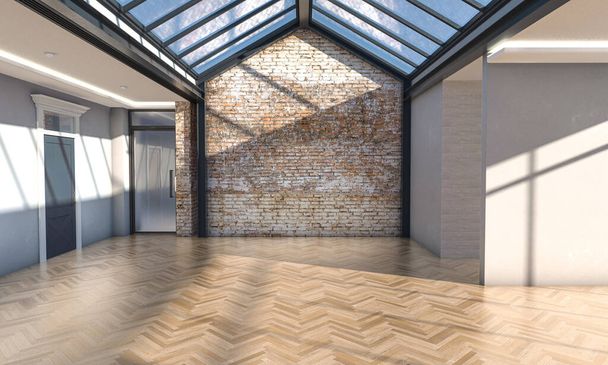 An interior of an empty office with windows a skylight and a facebrick feature wall in the daylight - 3D render - Photo, Image