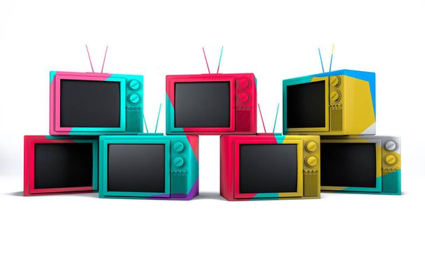 3d rendering, Pile of colorful retro television cartoon mock up with minimal and trendy fashion style, isolated on white color background. - Photo, Image