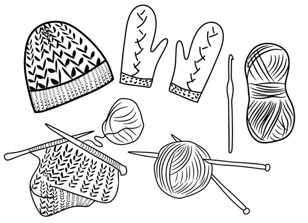 Dia Mundial de tricô em público, chapéu de malha, mitenes, bolas de fios de tricô, agulhas de tricô e gancho, passatempo favorito, desenho animado plano ilustração doodle, produtos artesanais, ilustração vetorial - Vetor, Imagem