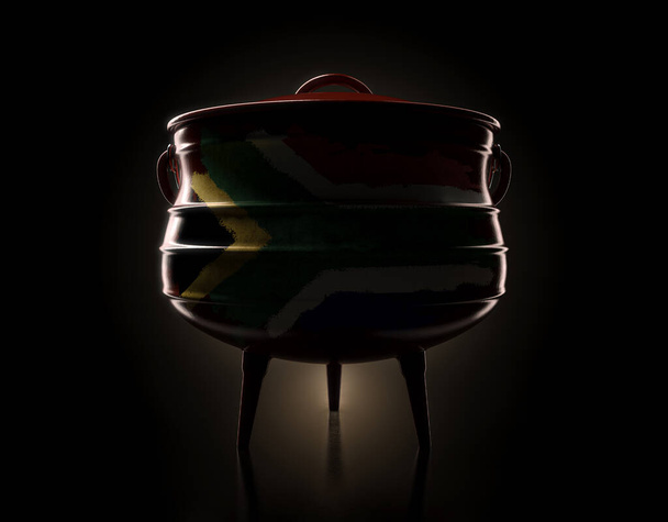 赤い鋳鉄製のポッジェ鍋と南アフリカの旗が孤立した暗い背景に描かれたふた- 3Dレンダリング - 写真・画像