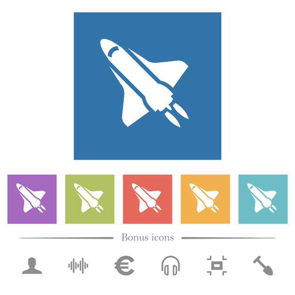 Space shuttle con propulsione piatta icone bianche in fondi quadrati. 6 icone bonus incluse. - Vettoriali, immagini