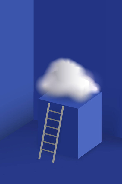 Ladder naar het platform en tot wolk op blauwe wand achtergrond - Vector, afbeelding