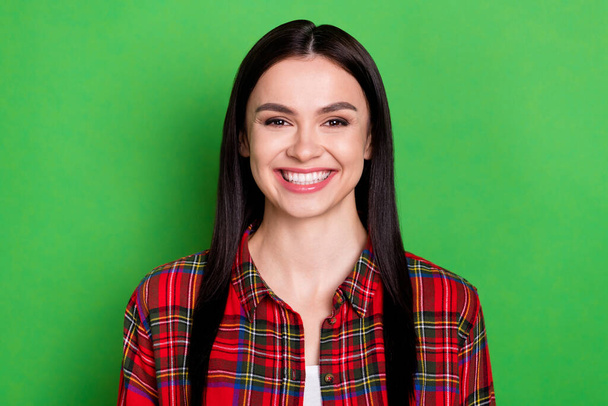 Photo of charming happy nice young woman smile good mood face pretty isolated on green color background - Foto, Bild