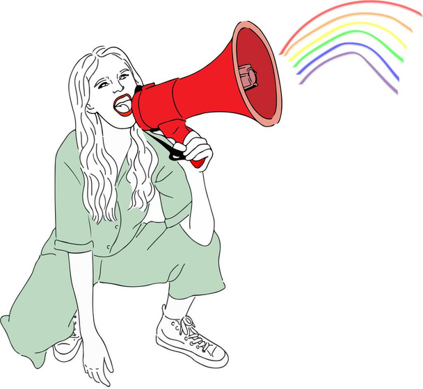 Hoparlörden hoparlöre bağıran bir kızın resmi ve hoparlör, LGBT tanıtım konseptinden gelen gurur bayrağı renk dalgaları. - Vektör, Görsel