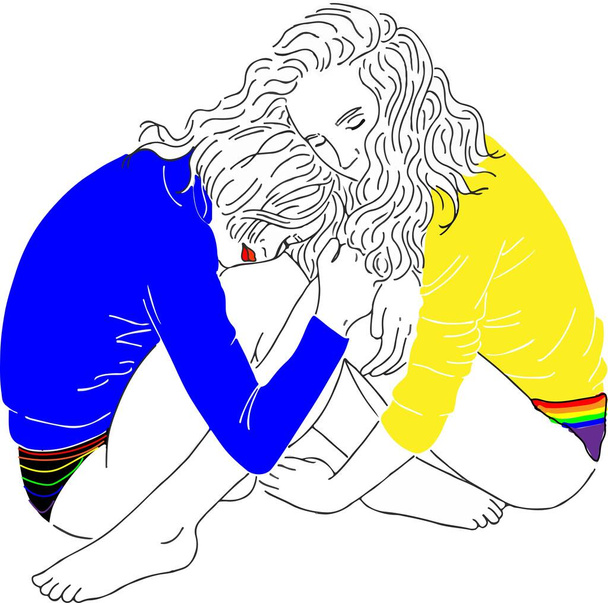 kuva kahdesta nuoresta tytöstä, jotka istuvat värikkäissä villapaidoissa ja halaavat toistensa polvia, naisten ystävyyden käsite ja LGBT-yhteisö - Vektori, kuva