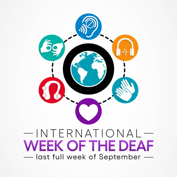 Mezinárodní týden hluchých je sledován každý rok během září, je oslavován různými aktivitami a akcemi hluchých komunit po celém světě a jeho cílem je prosazovat lidská práva pro lidi - Vektor, obrázek