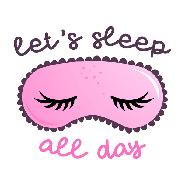 Let's sleep all day - funny hand drawn doodle, seamless pattern. sleeping mask, stars, hearts. Cartoon background, texture for bedsheets, pajamas. - Vector, imagen