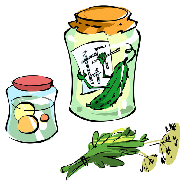 Kaksi lasipurkkia marinoituja vihanneksia. Suolakurkku ratkaisee ristisanatehtävän lasipurkissa.. - Vektori, kuva