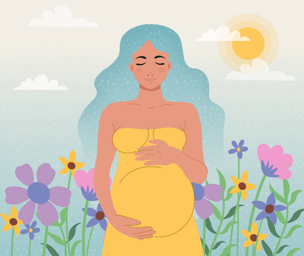 Gelukkige zwangere vrouw in een gele jurk staande en knuffelend haar buik op het gebied van bloemen. Vector cartoon illustratie. - Vector, afbeelding