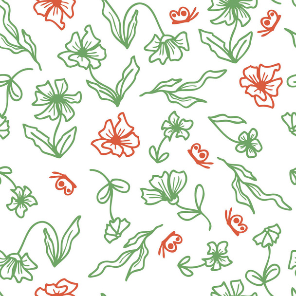 Hand drawn summer seamless pattern of a flowers and leaves. Perfect for scrapbooking, greeting card, textile and prints. Vector illustration. - Vector, Image