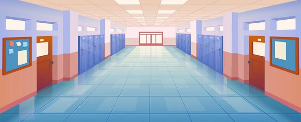  Belső iskola folyosó ajtókkal és szekrények vektor illusztráció. Üres iskola vagy főiskolai folyosó. Vektor rajzfilm illusztráció. - Vektor, kép