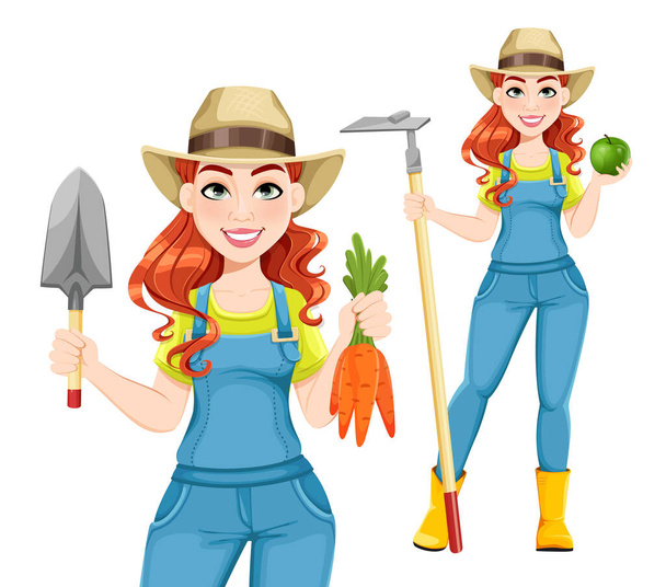 Красивая женщина-фермер, две позы. Симпатичная девочка-фермер мультяшный персонаж. Векторная иллюстрация - Вектор,изображение