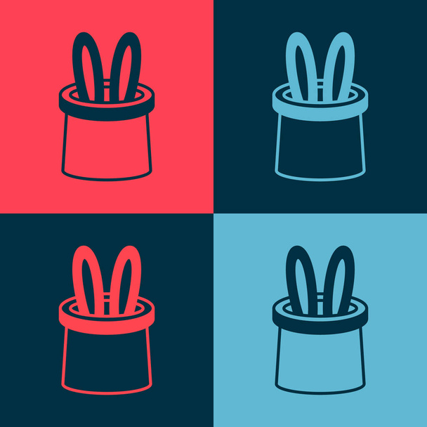 Поп-арт волшебная шляпа и иконка уши кролика изолированы на цветном фоне. Фокус. Таинственная развлекательная концепция. Вектор - Вектор,изображение
