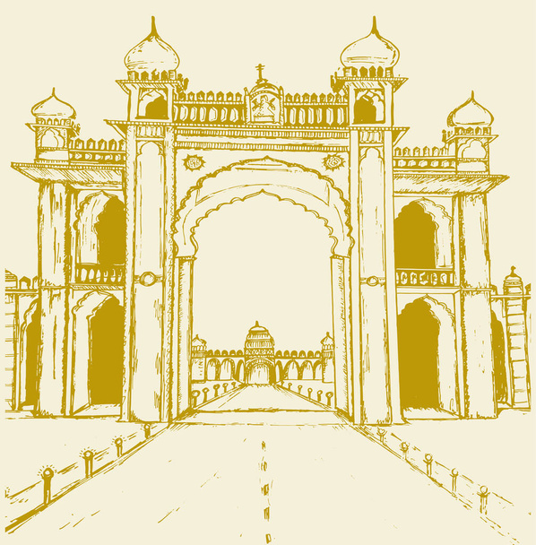 Piirustus tai Sketch of ääriviivat muokattavissa kuva Karnataka Matkailu Heritage City Mysore Amba Vilas Palace sisäänkäynti - Vektori, kuva