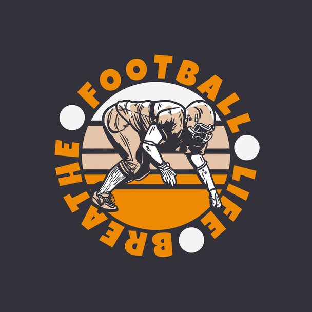 Logo Design Fußball Leben atmen mit Fußballspieler tun Tackle Position Vintage Illustration - Vektor, Bild