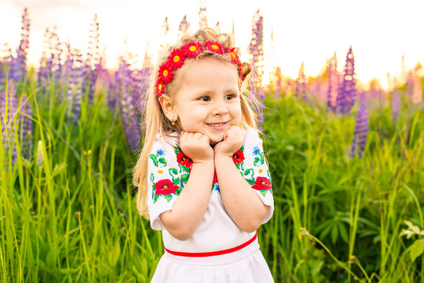 retrato de una niña en un campo floreciente en el sol al atardecer - Foto, imagen