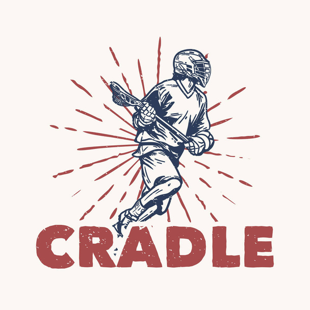 cuna de diseño camiseta con el hombre corriendo y sosteniendo palo de lacrosse al jugar lacrosse ilustración vintage - Vector, Imagen
