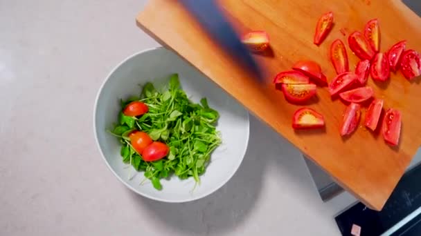 Šéfkuchař přidat nakrájená rajčata do mísy se salátovými listy připravit čerstvý salát - Záběry, video