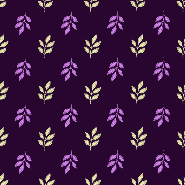 Patrón botánico sin costuras en contraste con elementos de ramas de hojas de garabato. Siluetas de impresión púrpura. Impresión vectorial plana para textiles, telas, envolturas de regalos, fondos de pantalla. Ilustración sin fin. - Vector, Imagen