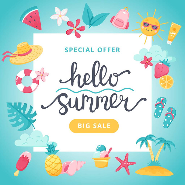 Summer sale banner. Hand drawn lettering and cute cartoon elements. Vector illustration - Vector, Image