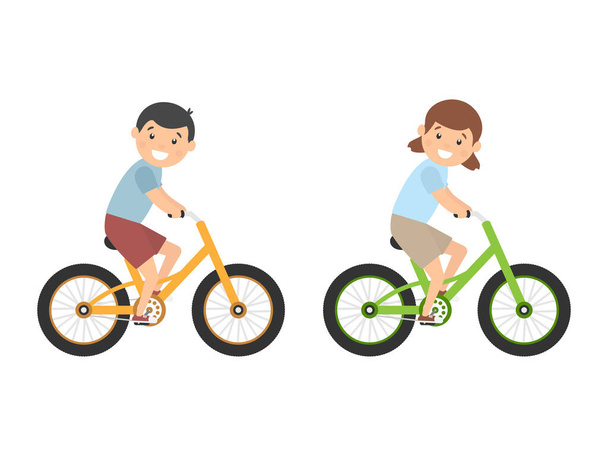 Cute happy children riding bicycles. Girl and boy ride bikes. Healthy lifestyle. Sport vehicles competition concept. Vector illustration isolated on white - Vettoriali, immagini
