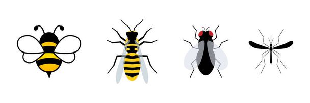 Cute insect flat character set. Cute bee, wasp, fly and mosquito. Vector isolate on white - Vecteur, image