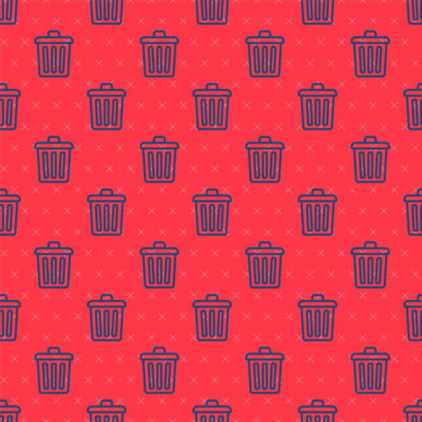 Kırmızı arkaplanda mavi çizgi çöp kutusu simgesi izole edildi. Çöp kutusu tabelası. Sepet simgesini geri dönüştür. Ofis çöpü ikonu. Vektör - Vektör, Görsel