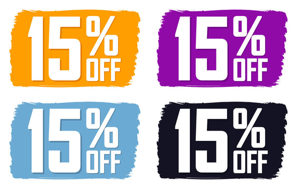 Set Sale 15% off banners, discount tags design template, διαφημιστικά εικονίδια εφαρμογών, διανυσματική απεικόνιση - Διάνυσμα, εικόνα