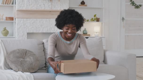Happy satisfied African American woman customer sitting on sofa get post cartboard csomag kipakolás nagy karton doboz, nyitott izgatott látszó belül kap meglepő jó vásárlás postai szállítás - Felvétel, videó