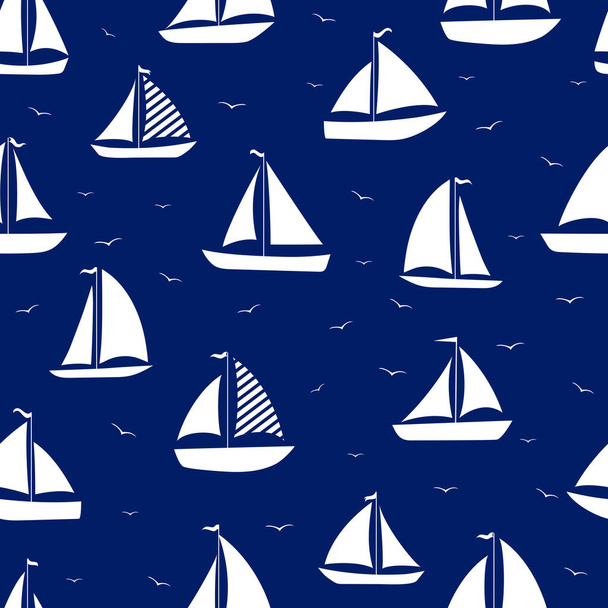 Yacht, sailboats with seagull seamless. Stock vector illustration. - Vetor, Imagem