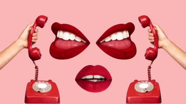Lippen reden auf rotem Retro-Telefon - Filmmaterial, Video