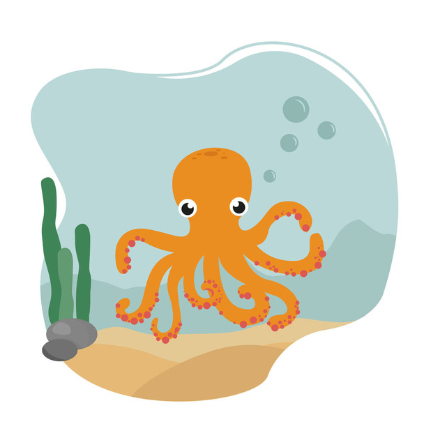 Octopus under the sea. Cute cartoon sea animal. - Vector, Imagen
