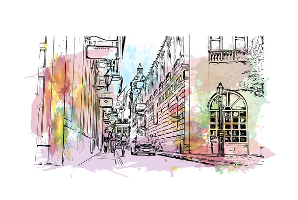 Print Building view with landmark of Cartagena is a port city on Colombia. Watercolor splash with hand drawn sketch illustration in vector. - Vector, Image