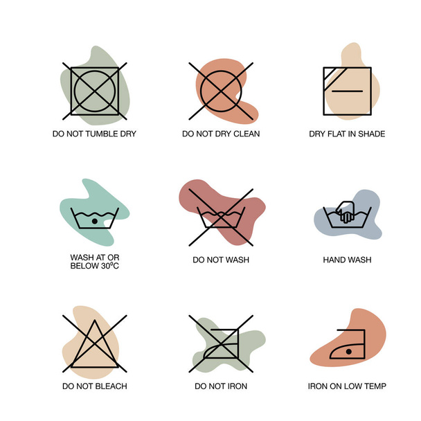 Instrucciones de lavandería para el cuidado de la prenda como símbolos con fondo de forma abstracta orgánica en vector - Vector, imagen
