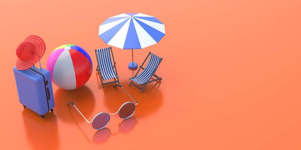 Accessori vacanze estive, concetto vacanze al mare. Agenzia di viaggi adverise modello. Bagagli, occhiali da sole, sedie a sdraio e ombrellone su sfondo arancione. Copia spazio, illustrazione 3d - Foto, immagini