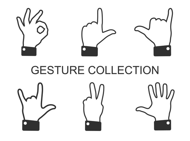 Conjunto de diferentes gestos de la mano. Signos planos mostrados con palma y dedos. Comunicación no verbal o manual, expresiones emocionales, lenguaje corporal. Ilustración vectorial aislada sobre fondo blanco. - Vector, imagen