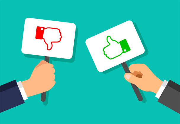 Businessman hands hold plaques with like and dislike gestures. Votes concept. Disagree, agree, feedback. Vector illustration. - Vector, Image