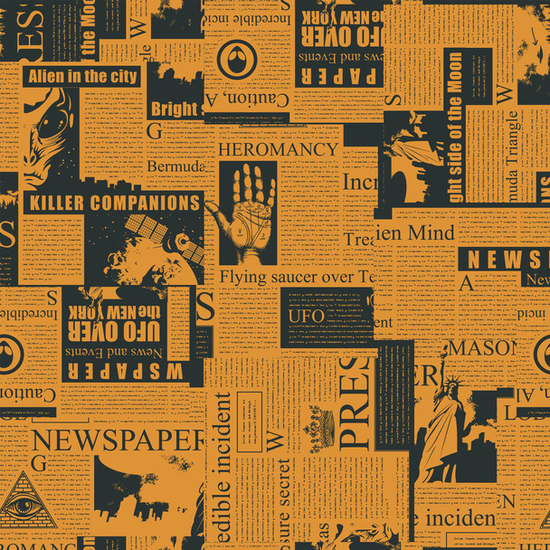 Abstract seamless pattern with collage of newspaper clippings. Monochrome vector background with illegible text, titles and illustrations. Wallpaper, wrapping paper, fabric in orange and black colors - Vecteur, image
