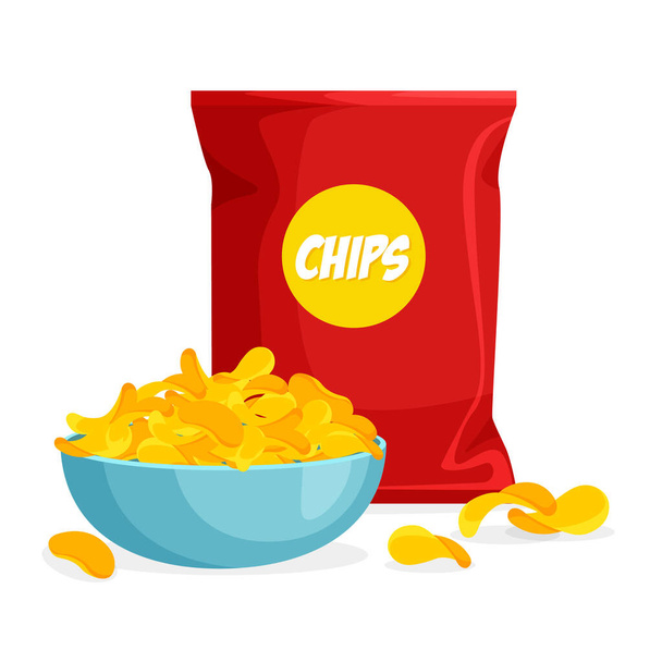 Package and plate of chips in trendy cartoon style. Pile of crisps in a bowl. Packaging template. Vector illustration isolated on white background. - Vector, Image