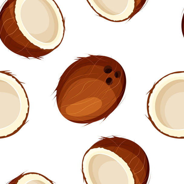 Seamless pattern of open and closed coconut on white background. Whole and half nut icon. Food concept for template label, packing and emblem farmer market design. Vector illustration in a flat style. - Vektori, kuva