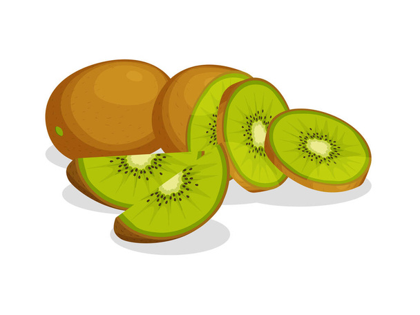Fresco intero e fetta di kiwi isolato su sfondo bianco. Agrumi. Vettoriale Vegan icone alimentari in stile cartone animato alla moda. Concetto di cibo sano - Vettoriali, immagini
